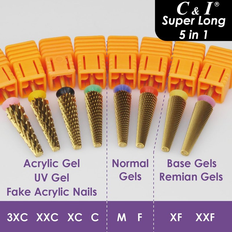 C & I Nail Drill Bit Upgrade 5 in 1 Super Long E-File for Manicure Drill Machine, Special Remove Extension Nails, Fake Acrylic Nails, Nail Gels, Cross Cut Efile for Nail Techs (Coarse -C)