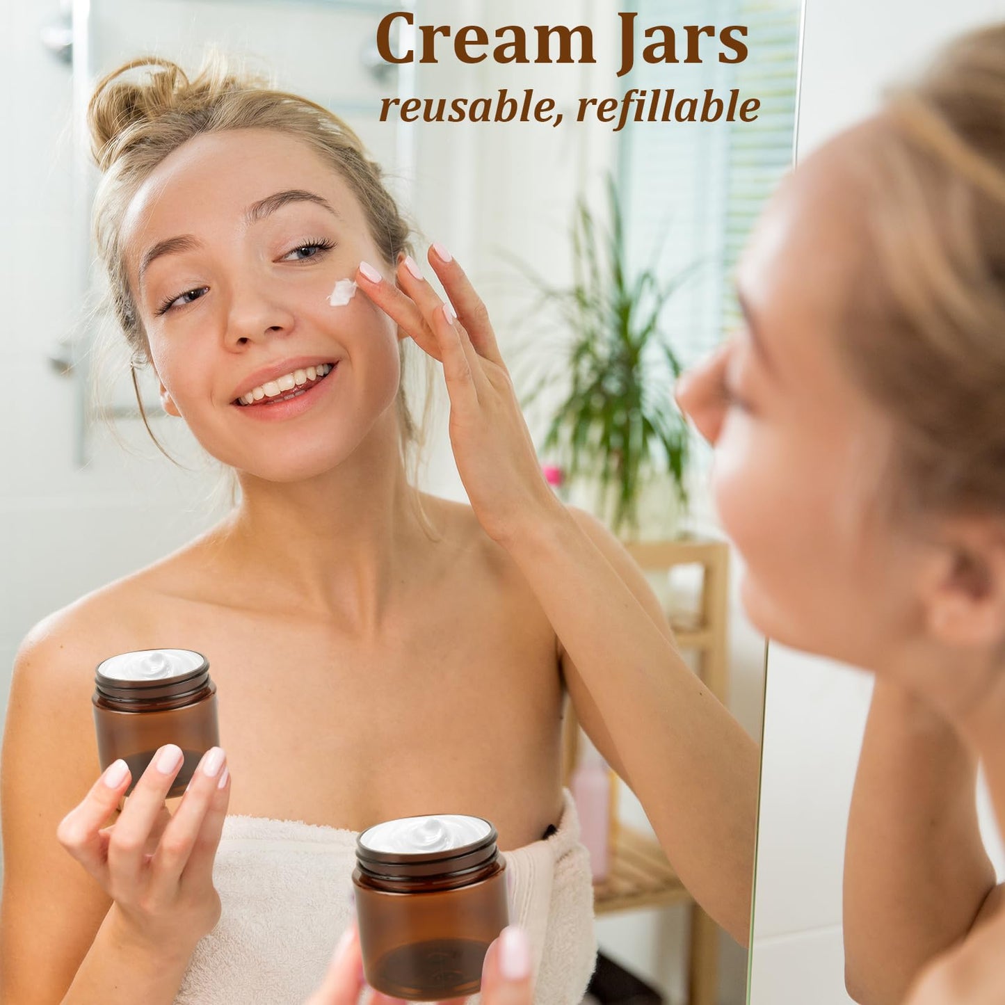 Acrux7 50 Pack 2 oz Amber Plastic Containers with Lids, Empty Amber Plastic Jars Leak Proof 60 ml Small Round Cosmetic Jars for Cream, Lotion, Powder, Scrubs, Bath Salt, Eye Shadow, Beauty Products