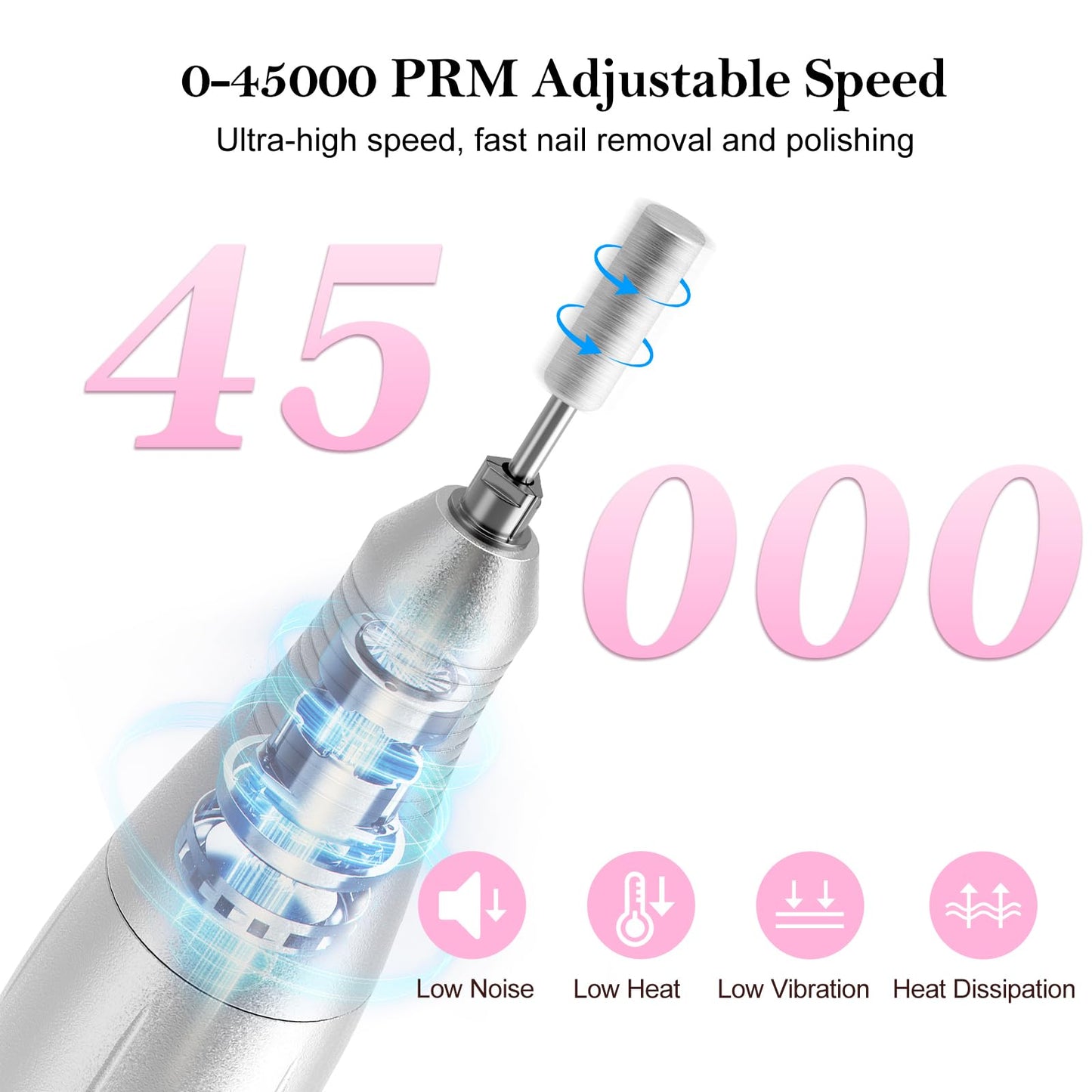 Electric Nail Drill Professional: 45000RPM Rechargeable Nail File with Bits & Base for Acrylic Gel Nails, Professional Nail Drill Manicure Pedicure Polishing Shape Tools for Home Salon