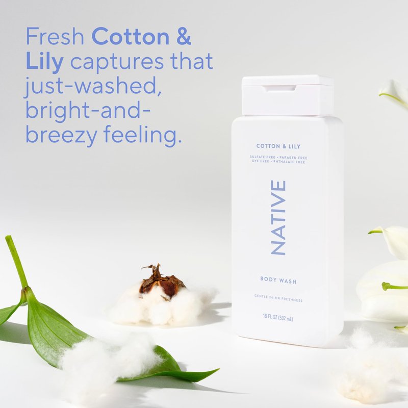 Native Cotton & Lily Scent 24-Hr Refreshing Clean Body Wash for Women & Men, for All Skin Types Incl. Sensitive, Leaves Skin Feeling Clean & Soft, Free of Phthalates, Sulfates & Parabens, 18 oz
