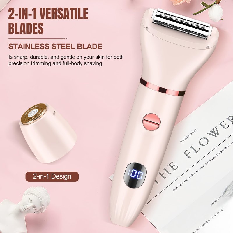 Karrte 2-in-1 Women Electric Shaver Dual Head Bikini Trimmer, Razors for Shaving Pubic Hair, Wet and Dry Cordless Painless Hair Removal for Private Area Pink