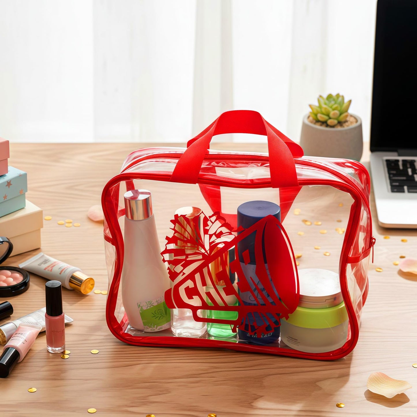 Kacctyen 12 Pcs Cheer Large Clear Toiletry Cosmetic Makeup Bag with Zipper and Handle Cheer Snack Bag Bulk for Team 12 x 9 x 4 Gift Bags Tote Pouch Cheerleading Teammates Party Supplies(Red)