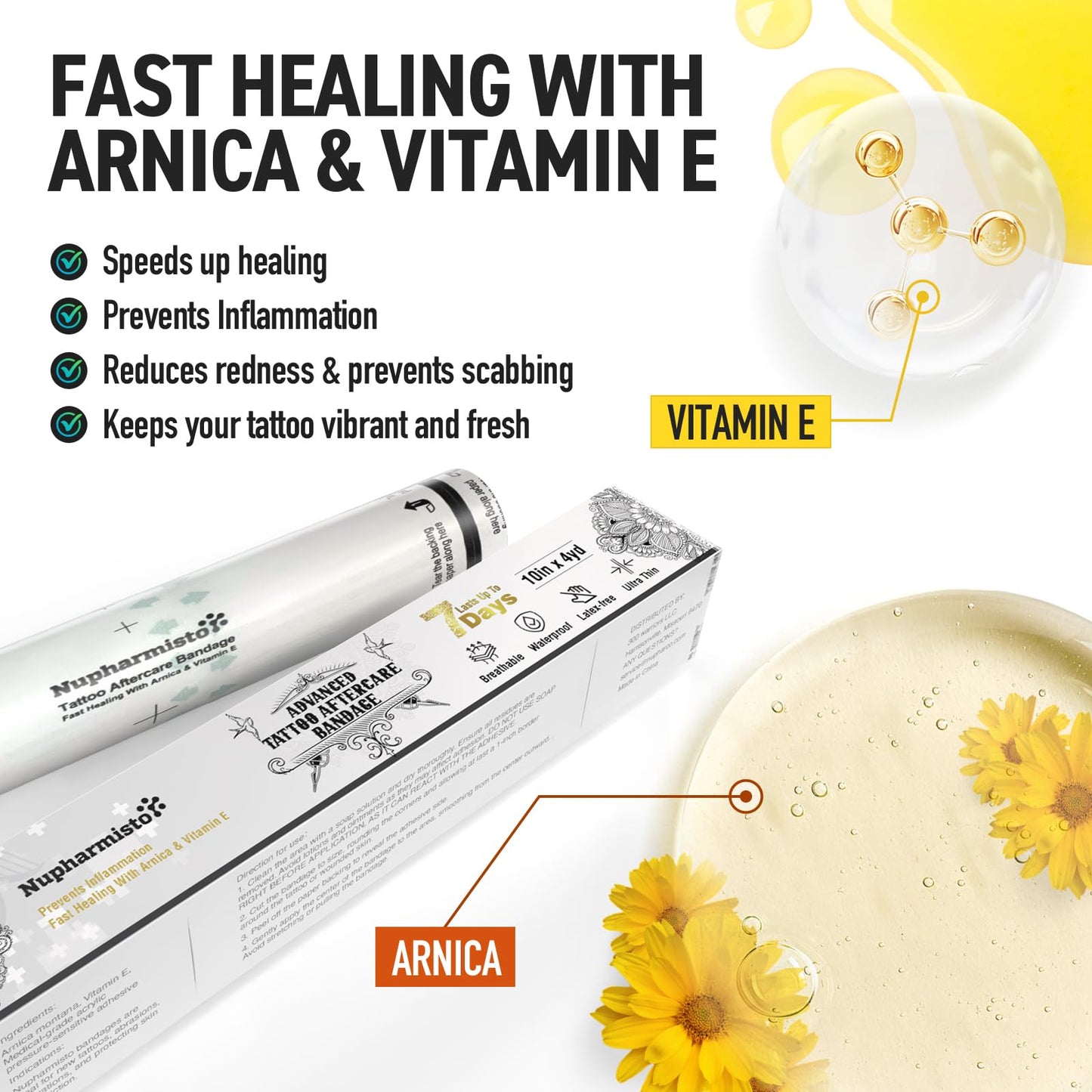 Tattoo Aftercare Bandage For Skin Waterproof: 10 in x 4yd Second Skin Cover Fast Healing With Arnica & Vitamin E - Sterile Aftercare Wrap For New Tattoo For Swimming Shower For Man Women (10 in x 4yd)