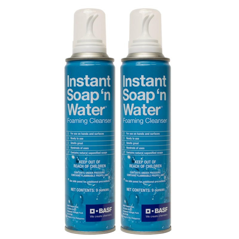 BASF Instant Soap 'n Water, Foaming Hand Cleanser, Ready to Use No Rinse Subtle Scent Skin Cleaner, On the Go, Home, Work, Travel, Up to 100 Washes, (2) 9 oz