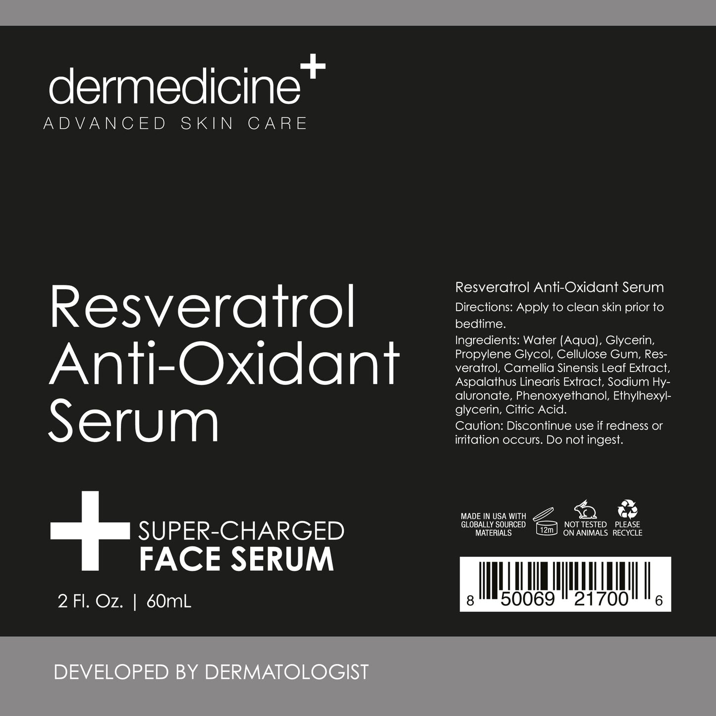 Dermedicine Resveratrol Liquid Serum Facial Skin Care Lift Resveratrol Serum for Face 2 Fl Oz