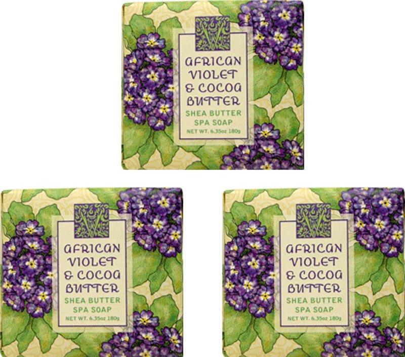 Greenwich Bay Cleansing Spa Soap, Shea Butter, and Cocoa Butter. Blended with Loofah and Apricot Seed, No Parabens, No Sulfates 6.35 Ounce (3 Pack) (African Violet and Cocoa Butter)