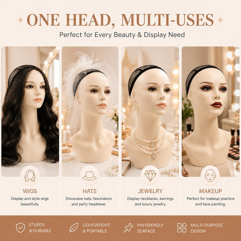 17-inch Female Mannequin Head Form with Eyelashes and Lips Display Stand for Wigs, Hats, Jewelry