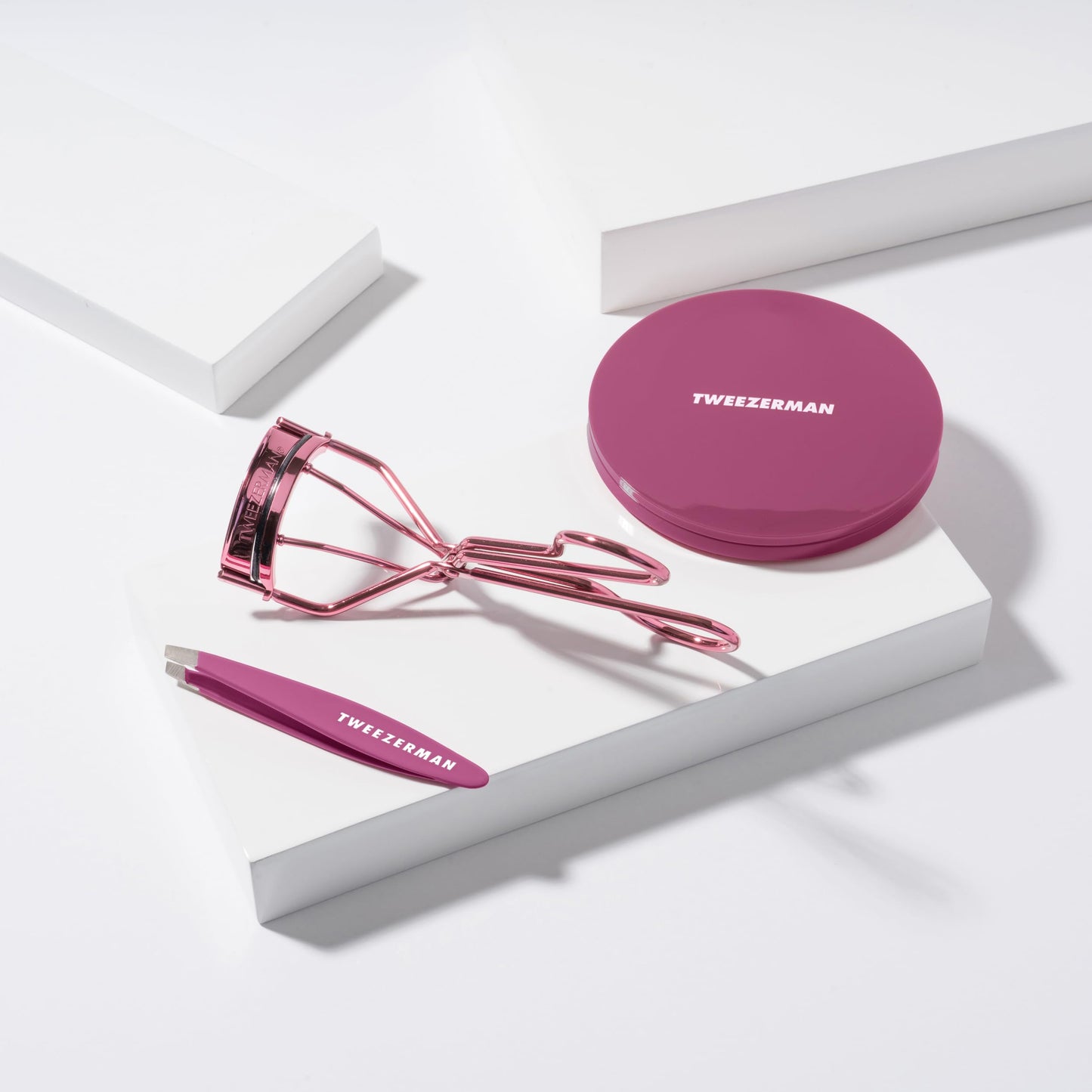 Tweezerman Brow & Lash Set - Compact Mirror, Mini Slant Tweezer and Lash Curler for All Eye Shapes