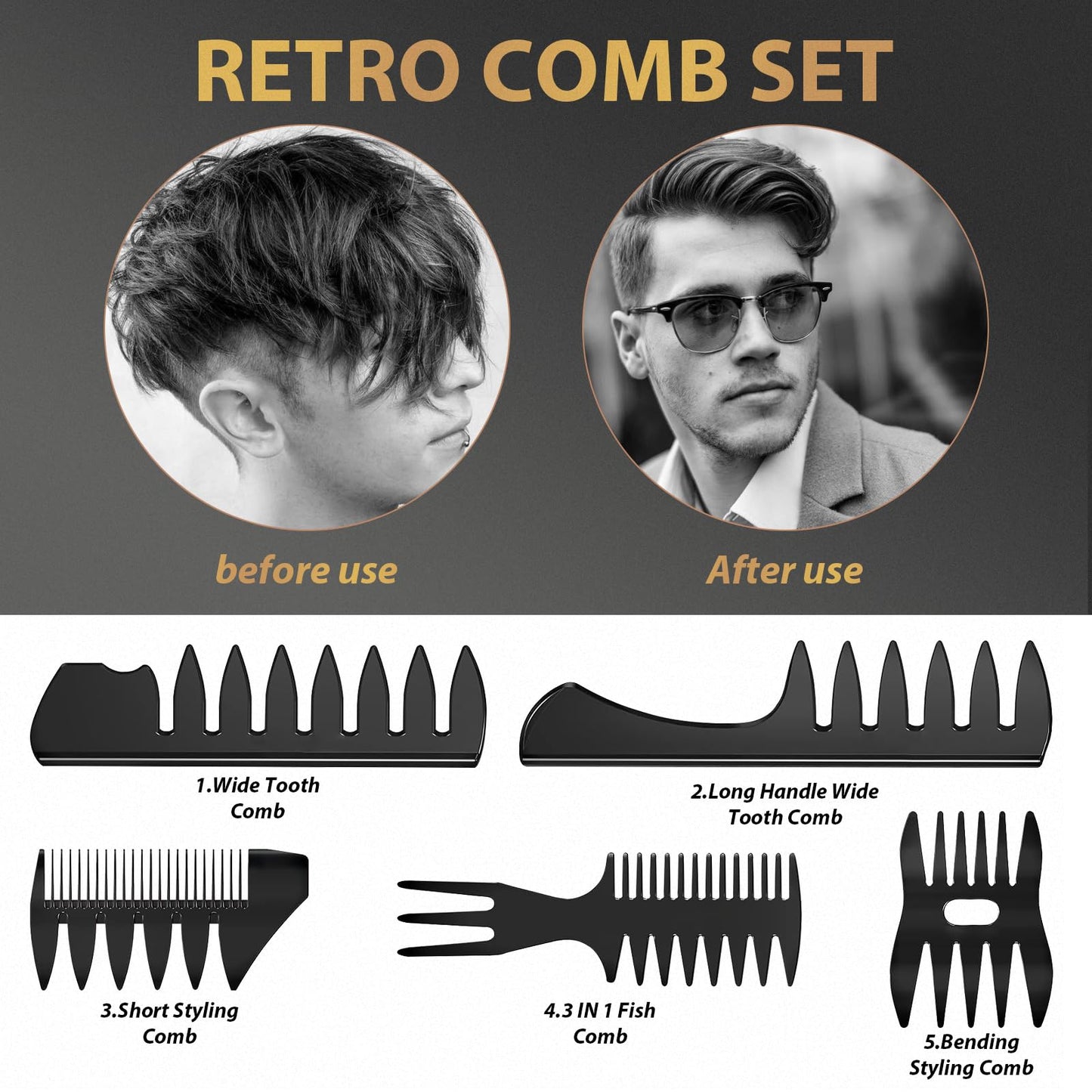 Hair Brush for Men, DUAIU 7Pcs Combs for Men, Hair Styling Comb Set with Vent Hair Brushes, Quiff Round Hair Brush, Wide Tooth Combs, Texture Comb for Blow Drying, Detangling, Grooming, Hairdressing