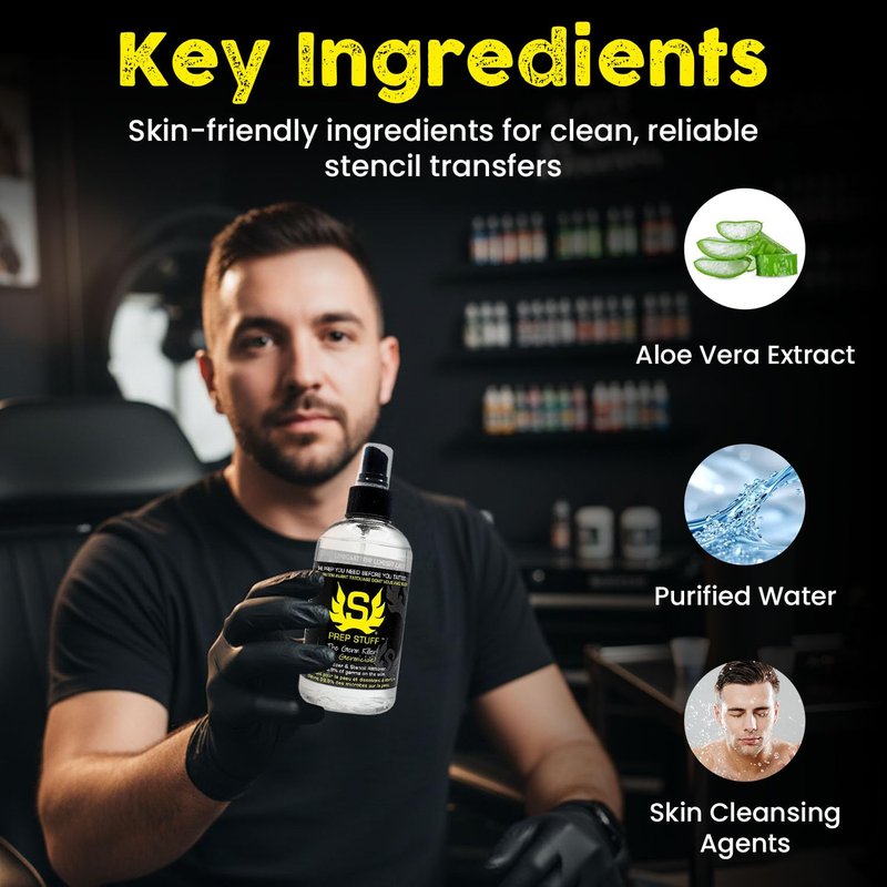 Stencil Stuff Prep Stuff Tattoo Prep Spray, 8oz Pre-Tattoo Skin Cleanser & Stencil Remover, Vegan-Friendly Tattoo Skin Prep Solution for Professional Artists, Removes Oil and Residue