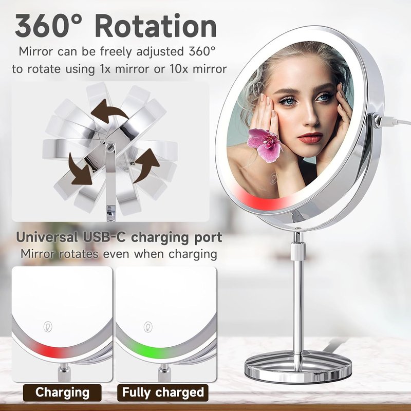 Magnifying Makeup Mirror with Lights - 9" Dual-Sided Vanity Mirror | 3 Color Settings, 3000 mAh Rechargeable, 360° Rotation