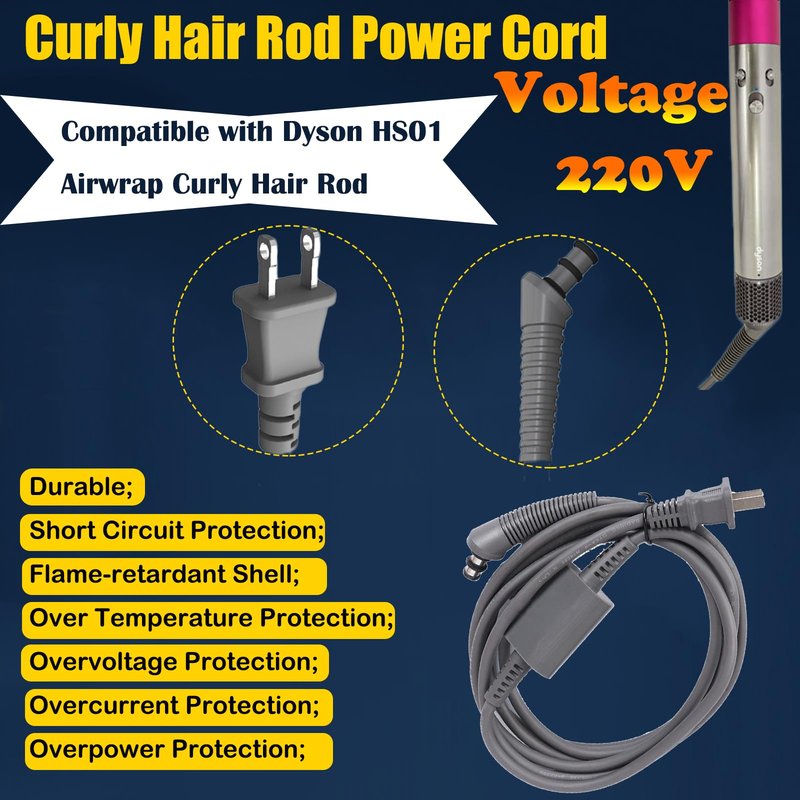 QJH-17 Replacement Curly Hair Rod Power Cord for Dyson HS01 Airwrap Hair Styler - AC Charger Cable, 106" Curling Iron Cable