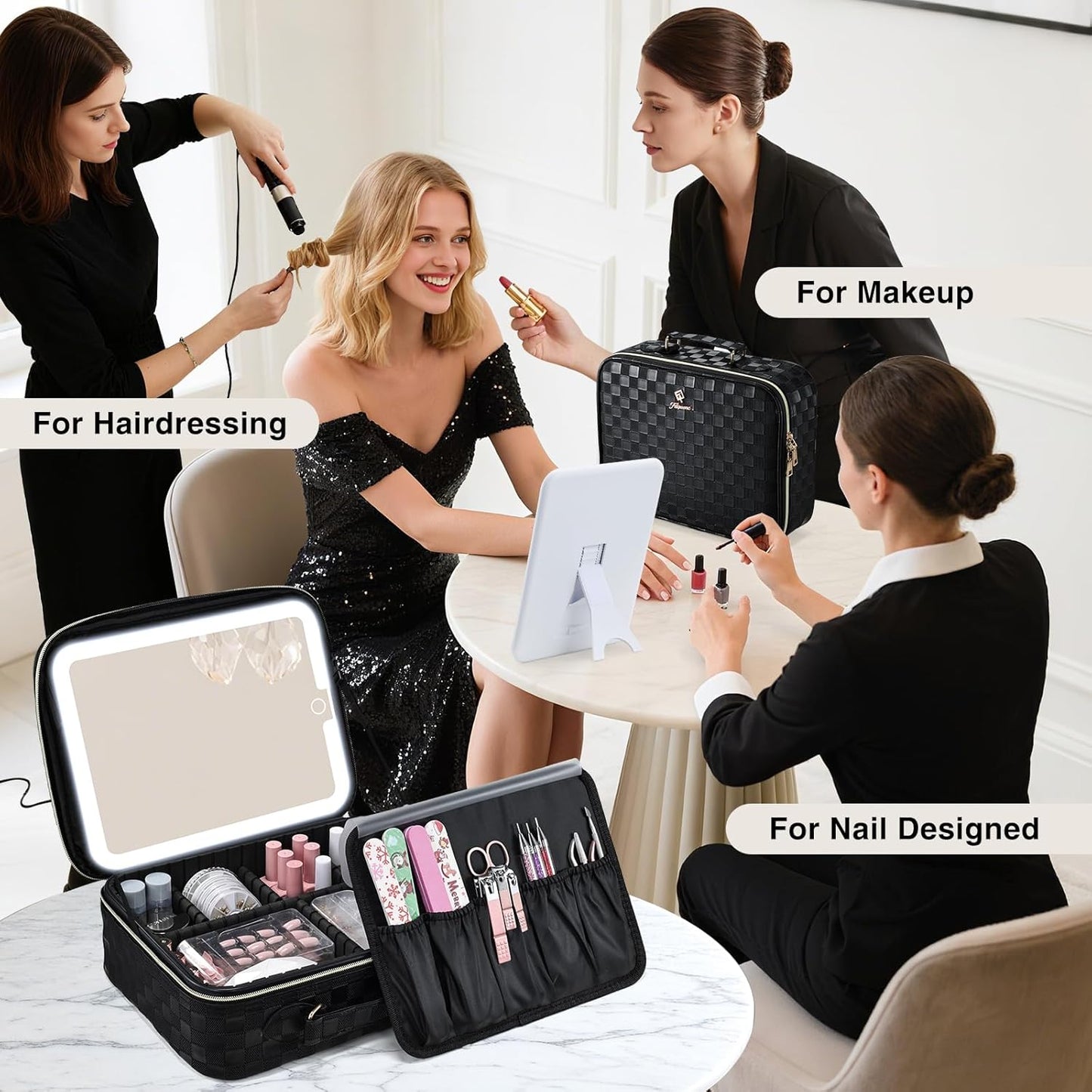 LED Lighted Makeup Bag - 12.2" Travel Cosmetic Organizer with Adjustable Brightness | Black Checkerboard Design, Dividers & Brush Holder