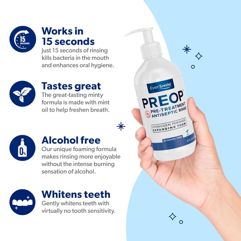 EverSmile PreOp Foaming Rinse – Deep Clean Mouthwash with Hydrogen Peroxide – Alcohol Free Rinse to Mouth Wash Daily & Before Treatment – Helps Heal Canker Sores – 100 Uses Per 16oz Bottle (2 Pack)