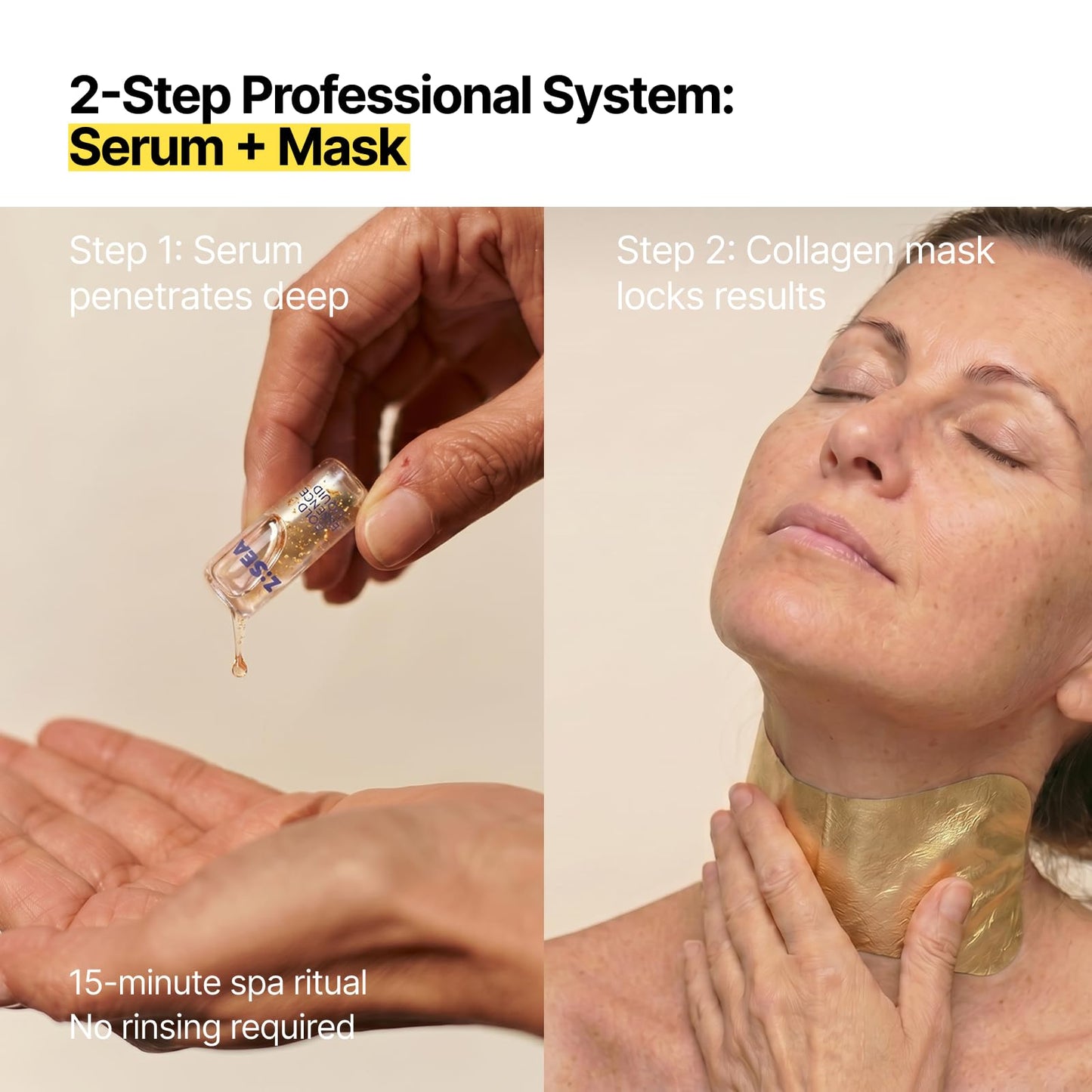 Z:SEA Collagen Cream Neck Mask & 98% Real Gold Serum Set – Treatment Anti-Aging for Crepey Skin & Tech Neck, Firming, Lifting, Hydrating, Eliminate Wrinkle Lines, Peptides, Hyaluronic Acid, 5Ct