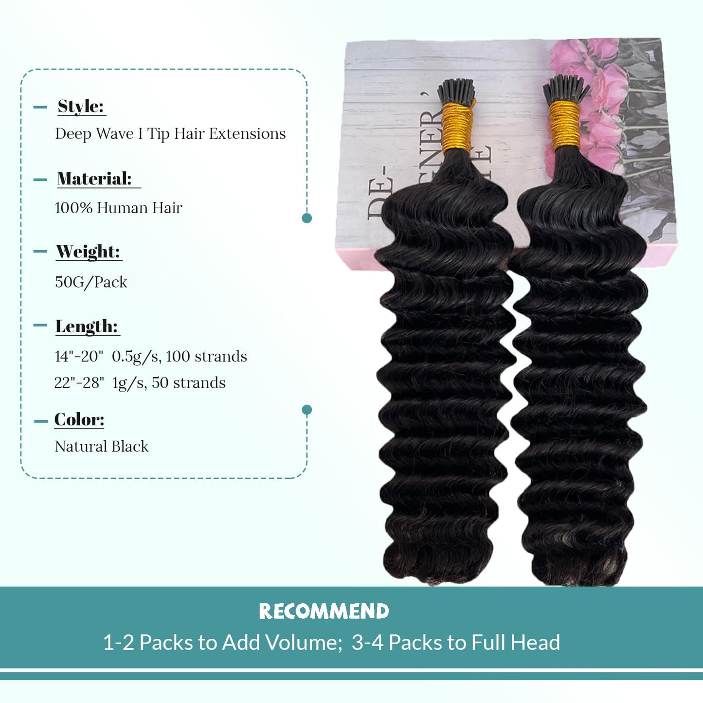 Curly I Tip Hair Extensions Human Hair for Black Women Invisible I Tip Human Hair Extensions Stick Tip Fusion Extension Brazilian Deep Wave Real Human Hair 50g 16 Inch
