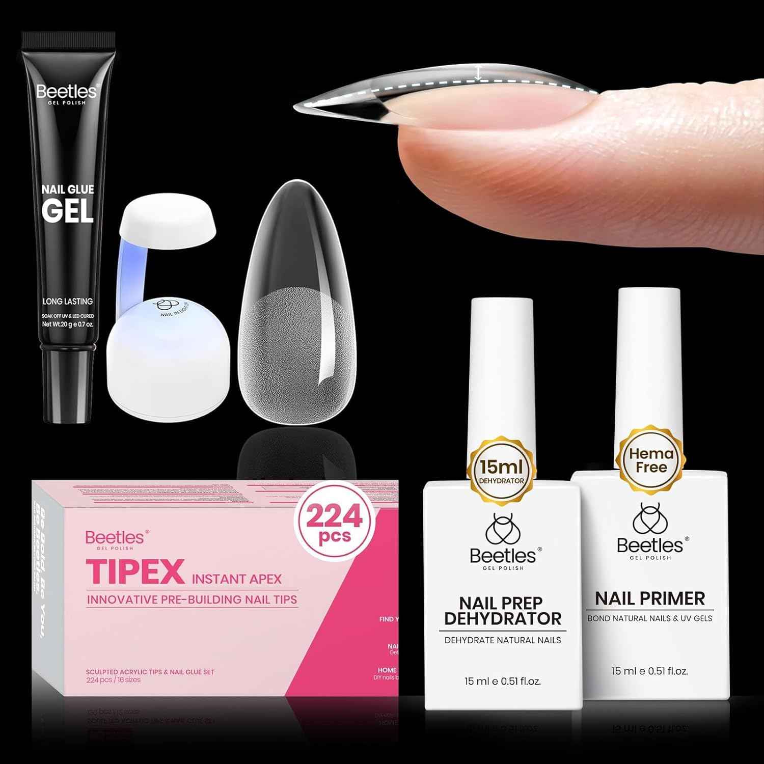 Beetles Gel Nail Kit - Medium Almond Shape with 15ml Dehydrator & Primer
