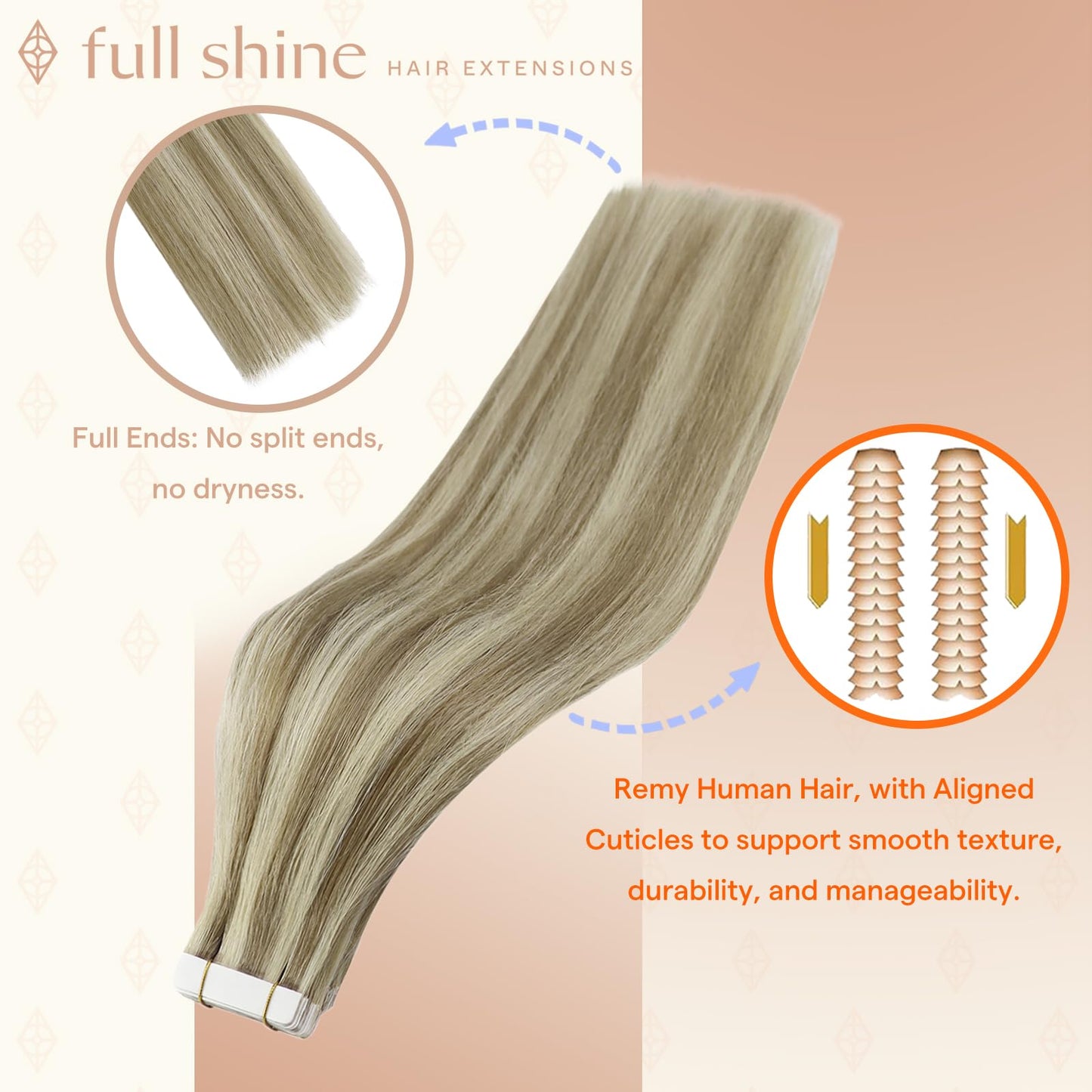 Full Shine Human Hair Extensions Tape in, Desert Blonde Mix 12 Inch