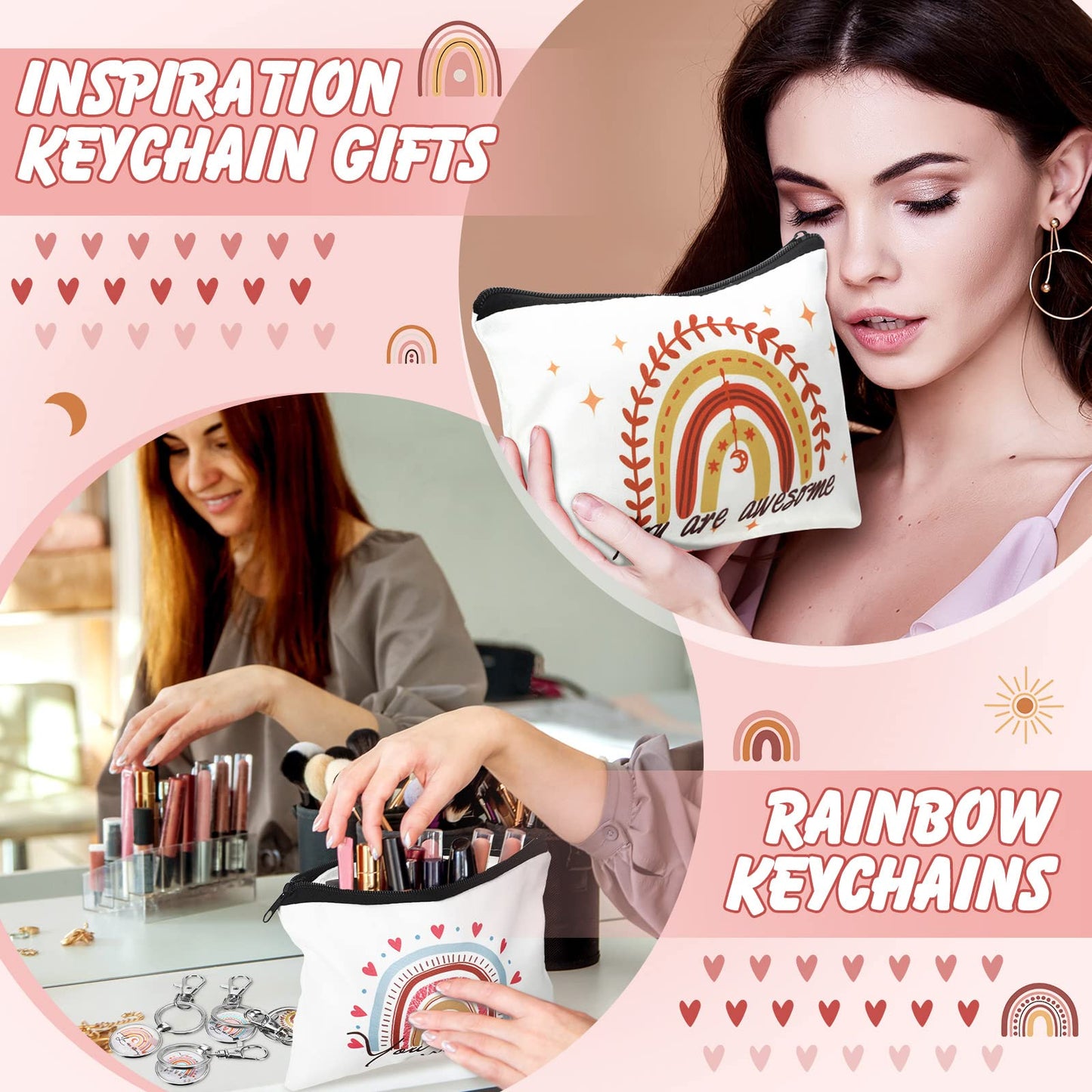 Pinkunn Mothers Day Rainbow Canvas Cosmetic Bag Gifts in Bulk for Women with Inspirational Quote Keychains Set 16 Pcs Cosmetic Bags 16 Pcs Keychains You are Amazing Beautiful Kind Travel Pouch Zipper
