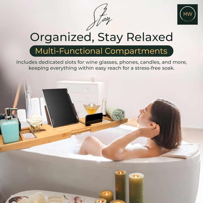 Luxury Bamboo Bathtub Tray - Foldable Spa Caddy with Wine Glass & Tablet Holder | Adjustable, Waterproof, Perfect Gift for Couples
