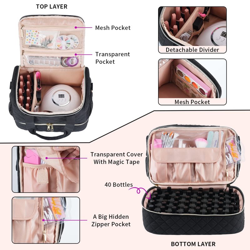VOFIpremiAm Nail Polish Organizer Bag Fits 1 Nail Lamp and 40 Bottles,Pretty Nail Organizer with Side Pockets for Nail Polish Remover,Manicure Tools (Patented,Bag Only)-Black