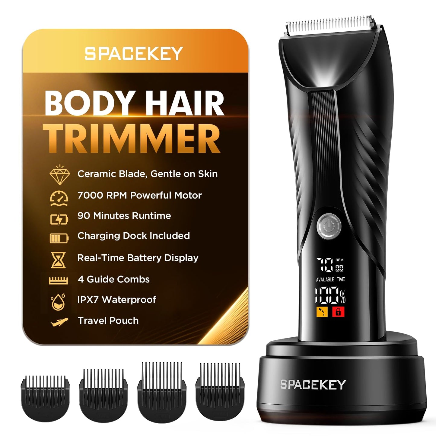 Spacekey Electric Body Hair Trimmer - IPX7 Waterproof Ball Trimmer for Men with LED Light, Wet/Dry Groomer, USB-C Rechargeable, Travel Bag Included - Men's Pubic, Groin and Body Shave