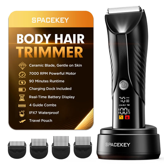 Spacekey Electric Body Hair Trimmer - IPX7 Waterproof Ball Trimmer for Men with LED Light, Wet/Dry Groomer, USB-C Rechargeable, Travel Bag Included - Men's Pubic, Groin and Body Shave