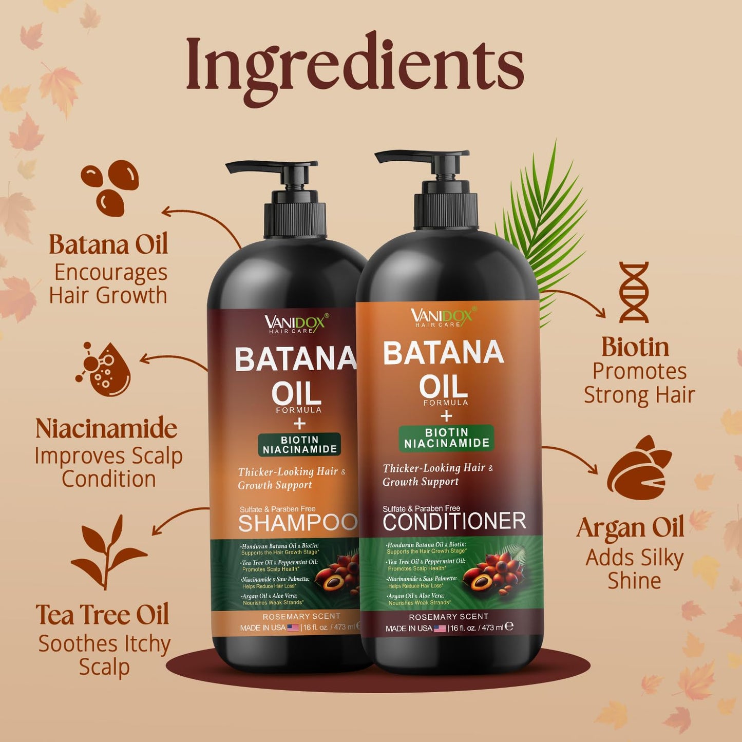 VANIDOX Batana Oil Shampoo and Conditioner Set – Biotin & Niacinamide Infused – Sulfate-Free, Paraben-Free – Moisturizing & Strengthening Hair Care for All Hair Types – 2 x 16 fl oz