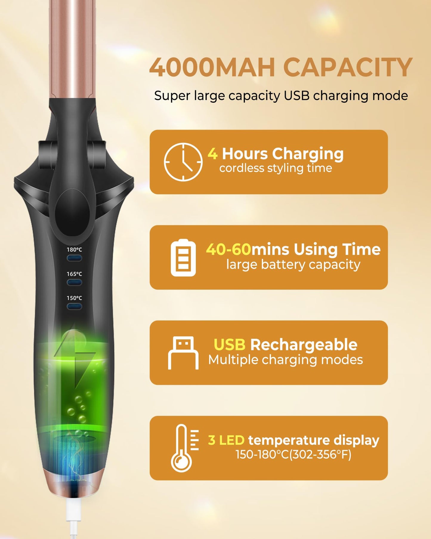 Cordless Curling Iron,4000 mAh USB Rechargeable Mini Travel Curling Iron