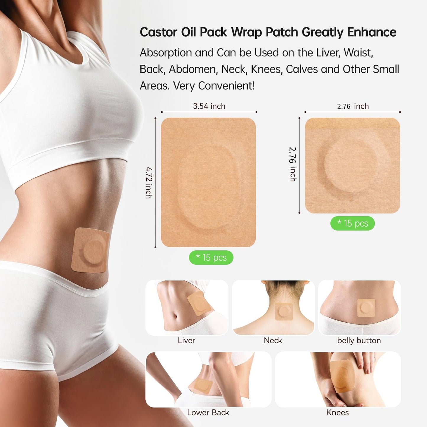 Castor Oil Patches Kit 30 Pack, With 8 oz Organic Cold Pressed Castor Oils, Comfortable Organic Cotton Castor Oil Pack Wrap for Stomach, Belly Button and Liver Detox Ect, Easy of Use and Hygienic