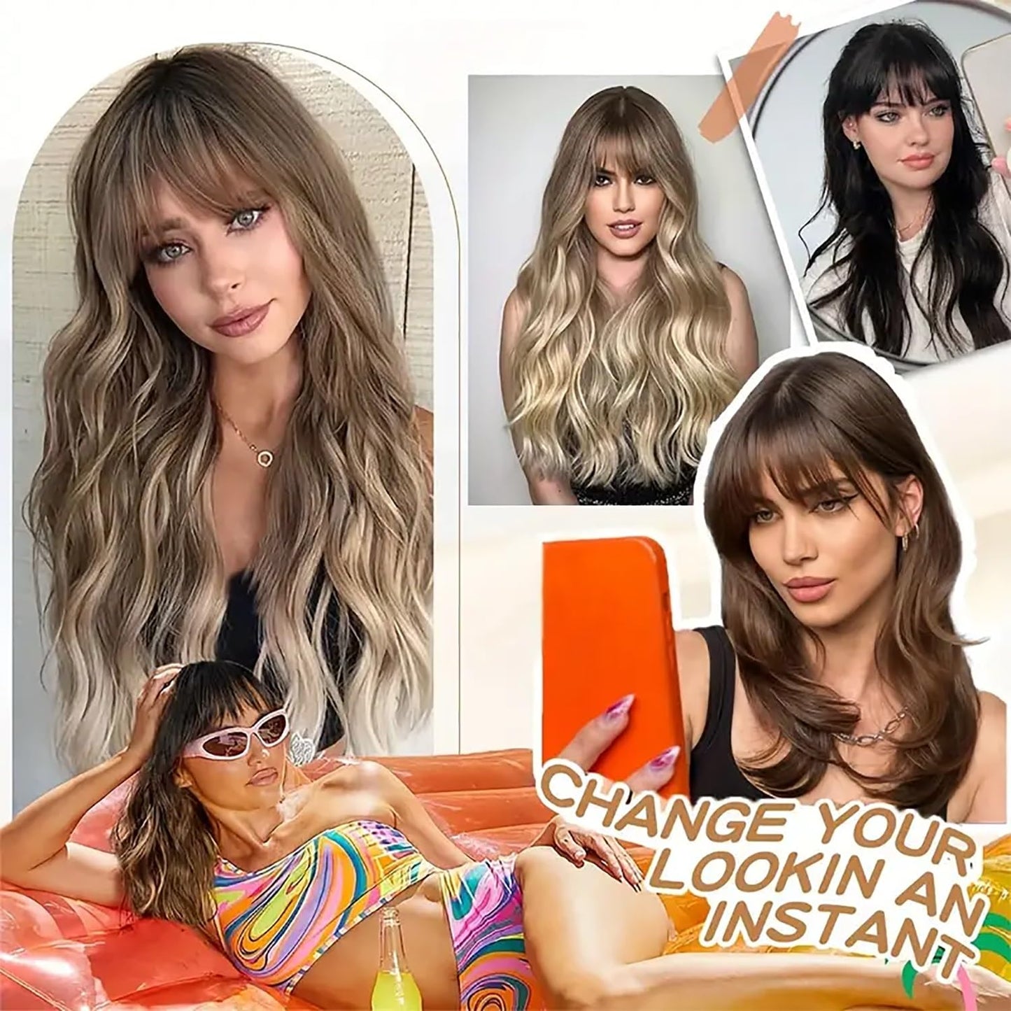 punhurt Blonde Wig with Bangs 26inch Long Synthetic Wig Wavy Curly Ombre Wigs with Dark Root Heat Resistant Fiber Wigs for White Women