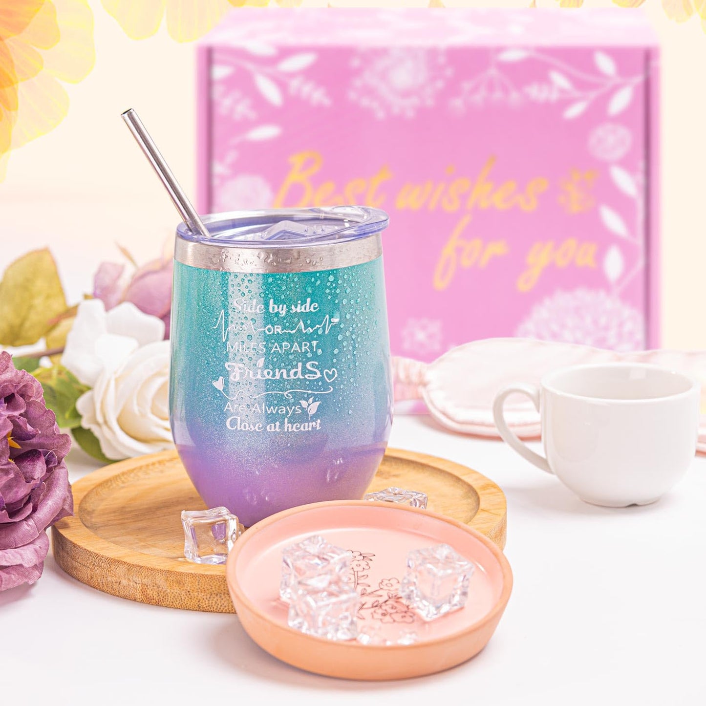 Birthday Gifts for Women-Best Relaxing Spa Gift Box Basket for Wife Mom Sister Girlfriend Daughter Best Friend Mother-Happy Birthday Gifts for Women -Unique Wine Tumbler Spa Bath Set (Rose Gold)