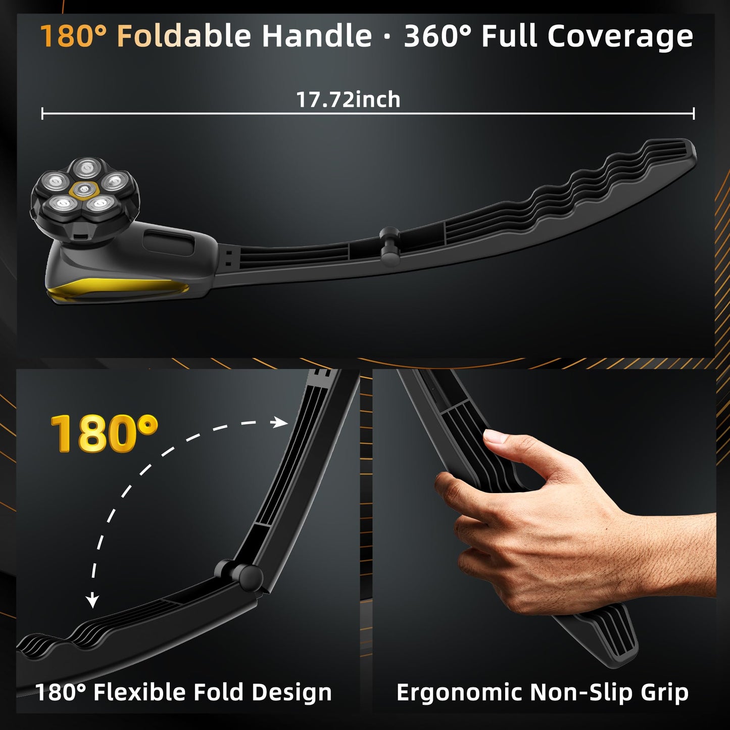 Back Shaver for Men: Long Foldable Handle Electric Back Razor with 6D No-Scratch Shaving - Waterproof Grooming Kit for Body/Beard/Head/Face Hair Removal, Gifts for Husband Dad (Black)