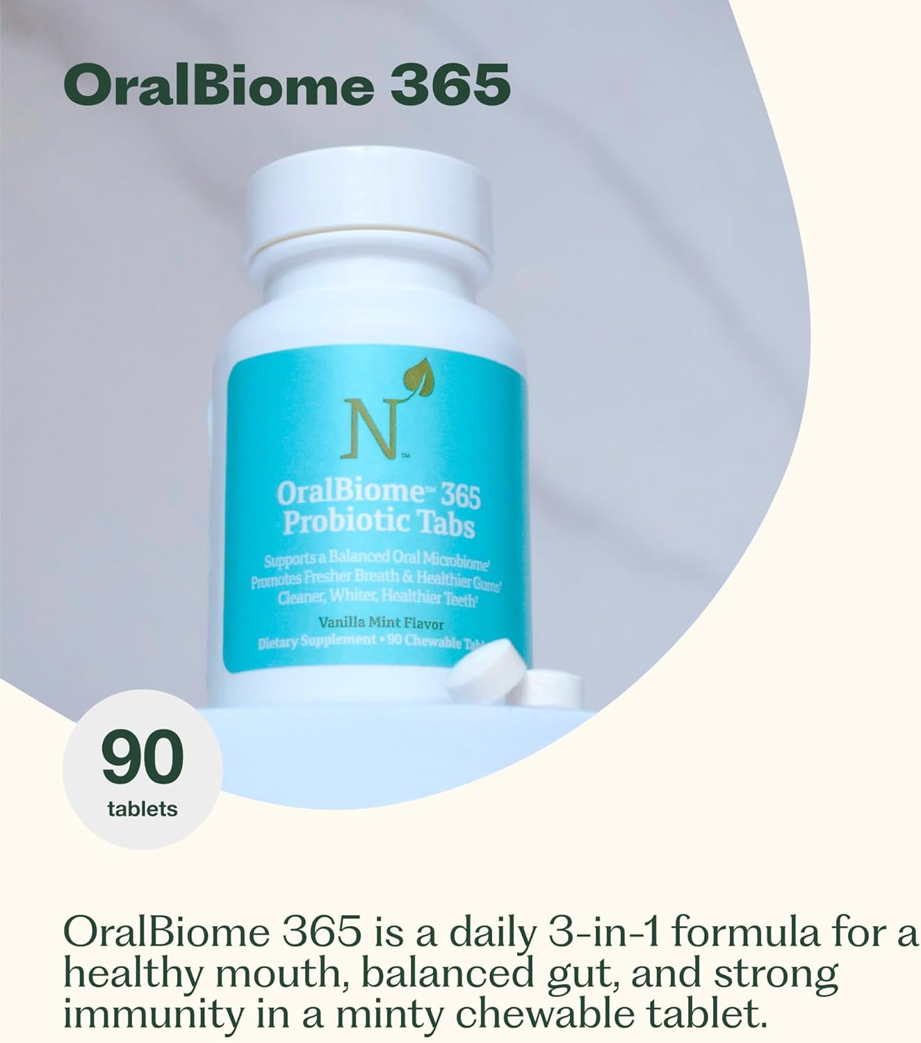 OralBiome 365 Chewable Oral Probiotics - Fresh Breath & Gut Health Support | Zinc & Vitamin C | Vanilla Mint, 90 Servings