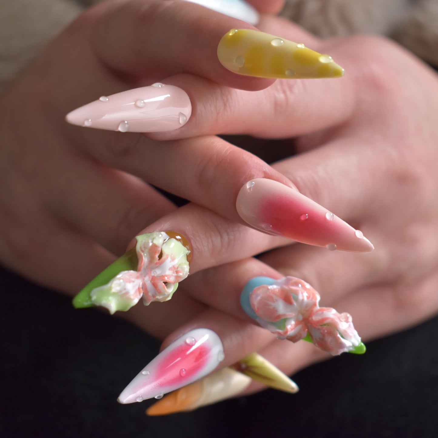 LIFOOST Manual Press on Nails 10Pcs with Hand Carved Flower Petals Long Almond Handmade Nails for DIY Manicure Decorations, Size Medium