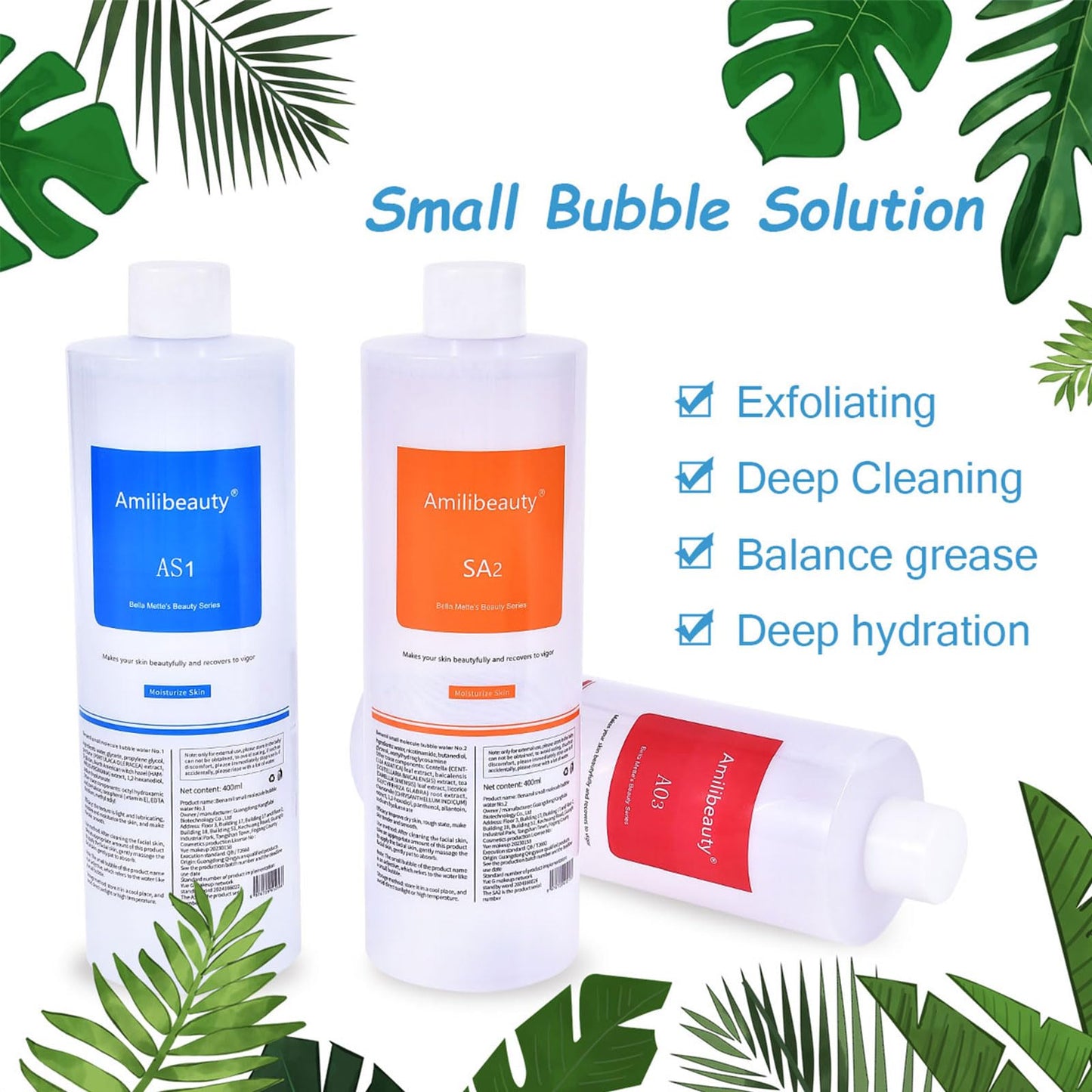 REEOOH Serums AS1 SA2 AO3, 400ml Peeling Solution Salon Skin Scrub, Facial Cleansing Moisturizing Skin Care, for Small Bubble Skin Care Facial Mask Machine, Ideal Gift for Women