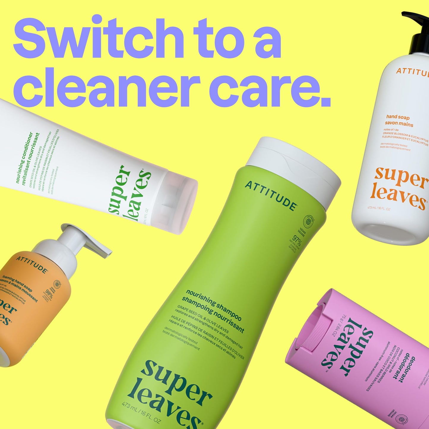 ATTITUDE Clarifying Hair Shampoo, EWG Verified, Restores Shine, Naturally Derived Ingredients, Vegan, Plant Based, Lemon Leaves and White Tea, 32 Fl Oz