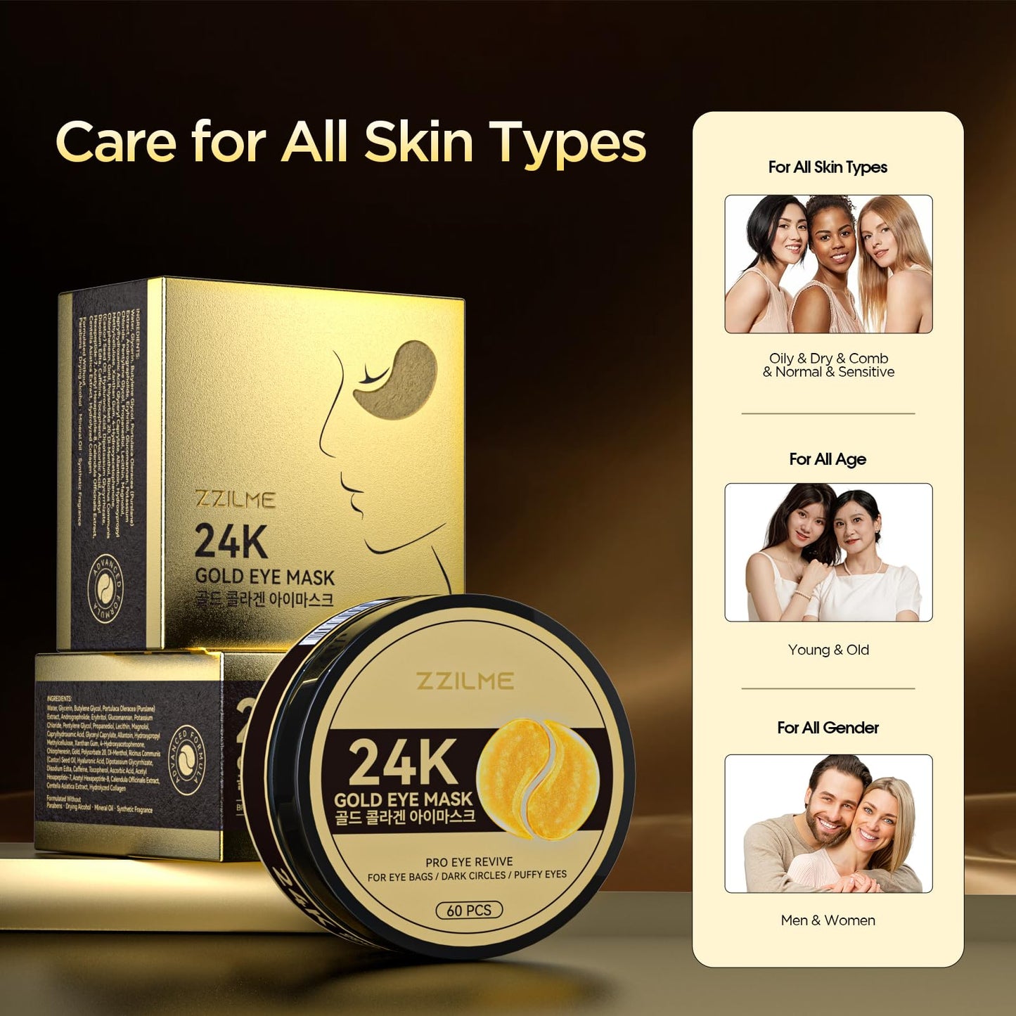 ZZILME 24k Gold Eye Patches - Firming, Glowing & Hydrating Hydrogel Mask for Puffy Eyes, Dark Circles, Wrinkles, Fine Lines, Eye Bags Treatment, Korean Skincare Gifts for Women and Men, 60Pcs