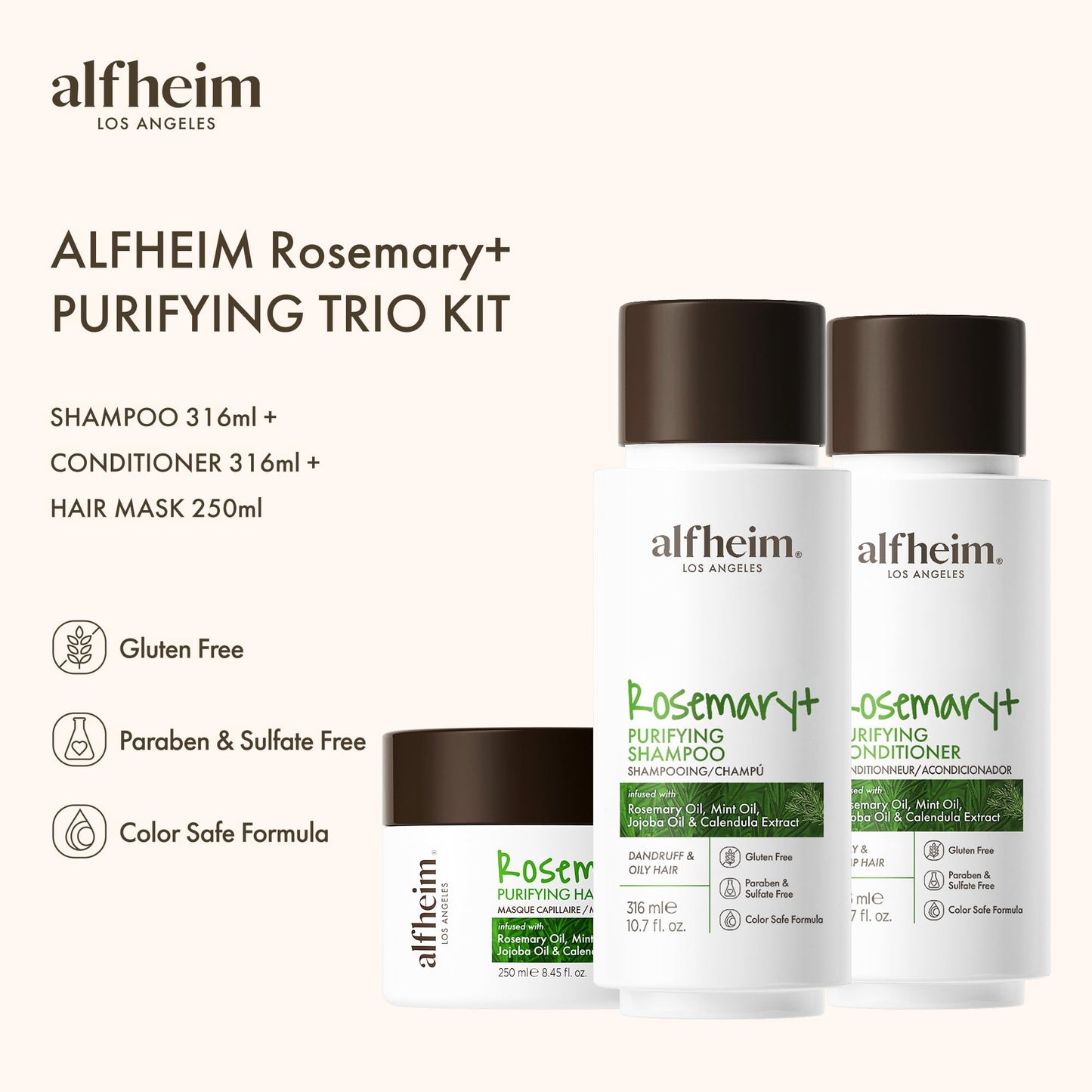 ALFHEIM Rosemary 3-piece set of shampoo, conditioner and hair mask Deep Cleansing Scalp Care Strengthens Roots & Prevents Flatness Sulfate & Paraben-Free for Oily Scalp & Sensitive Skin