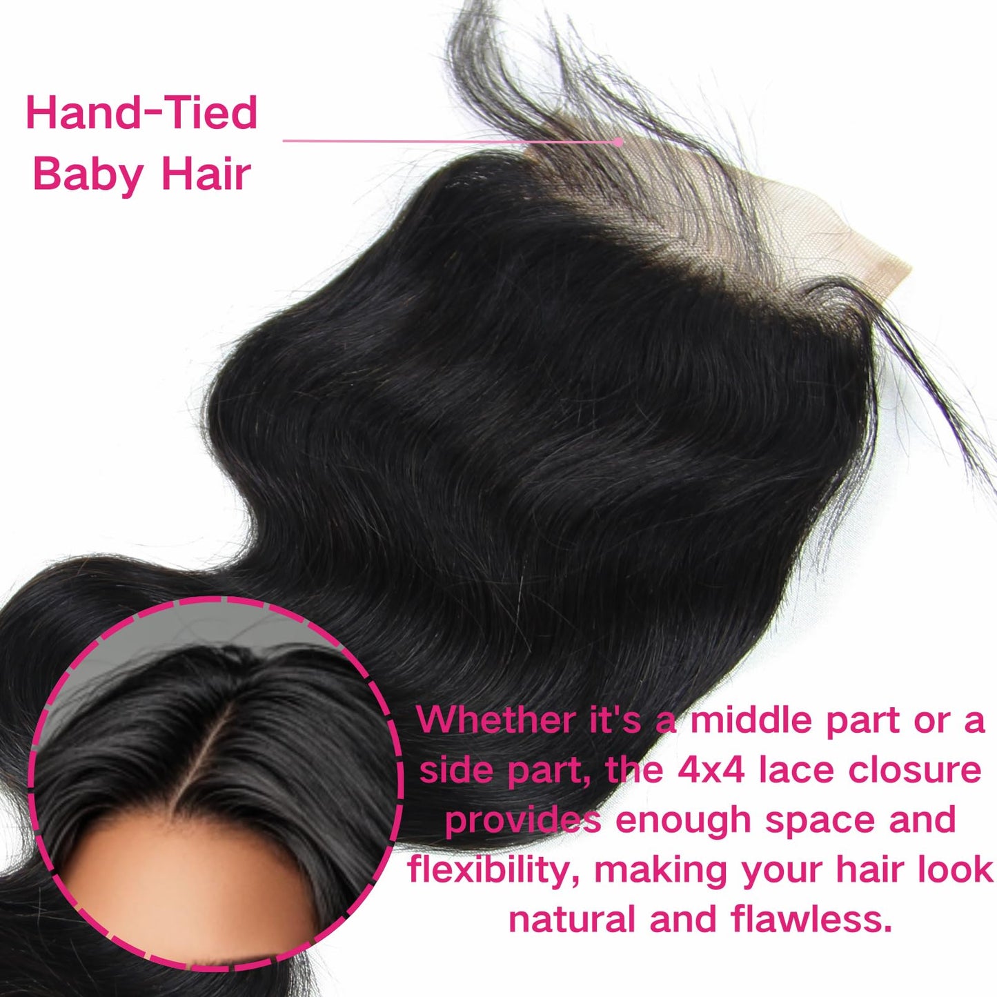 4x4 Lace Closure Body Wave - Transparent HD Free Part Invisible Lace Closure 100% Brazilian Virgin Human Hair Pre Plucked with Baby Hair Natural Black 12A Grade (16 Inch)