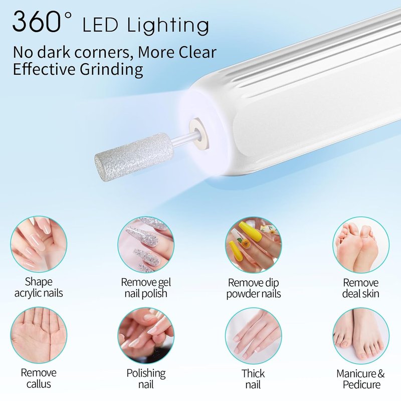 Electric Nail Drill - Professional Cordless Manicure & Pedicure Kit | 3-Speed Rechargeable Nail File for Thick Nails & Cuticles - White