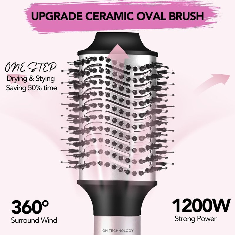 Ouphiny Blow Dryer Brush, 3 in 1 Ceramic Hot Air Brush Set Volumizer with Negative Ionic, 3 Inch Oval Brush Hair Styling Tool for All Hair Types, Interchangeable Multi-Temperature Settings, Pink