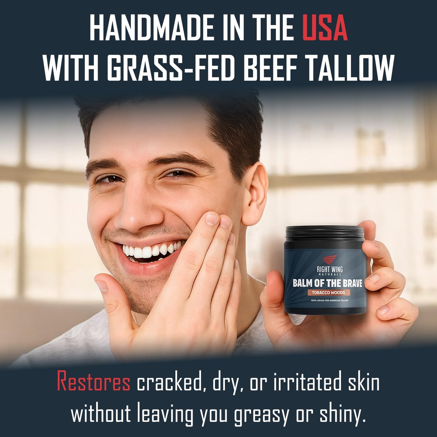 Right Wing Naturals Handmade Grass-Fed Beef Tallow for Skin - Moisturizing Beef Tallow Balm - Face & Body Butter for Soft, Smooth Skin (4oz, Tobacco Woods)