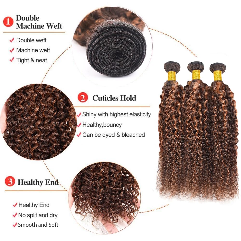 Biliisyff P4/30 Highlight Brown Curly Wave Human Hair Ombre Kinky Curly Bundles Brazilian Virgin Hair Two Tone #4 Brown Mixed With #30 Auburn Bundles Hair Weave 8 10 12 Inch