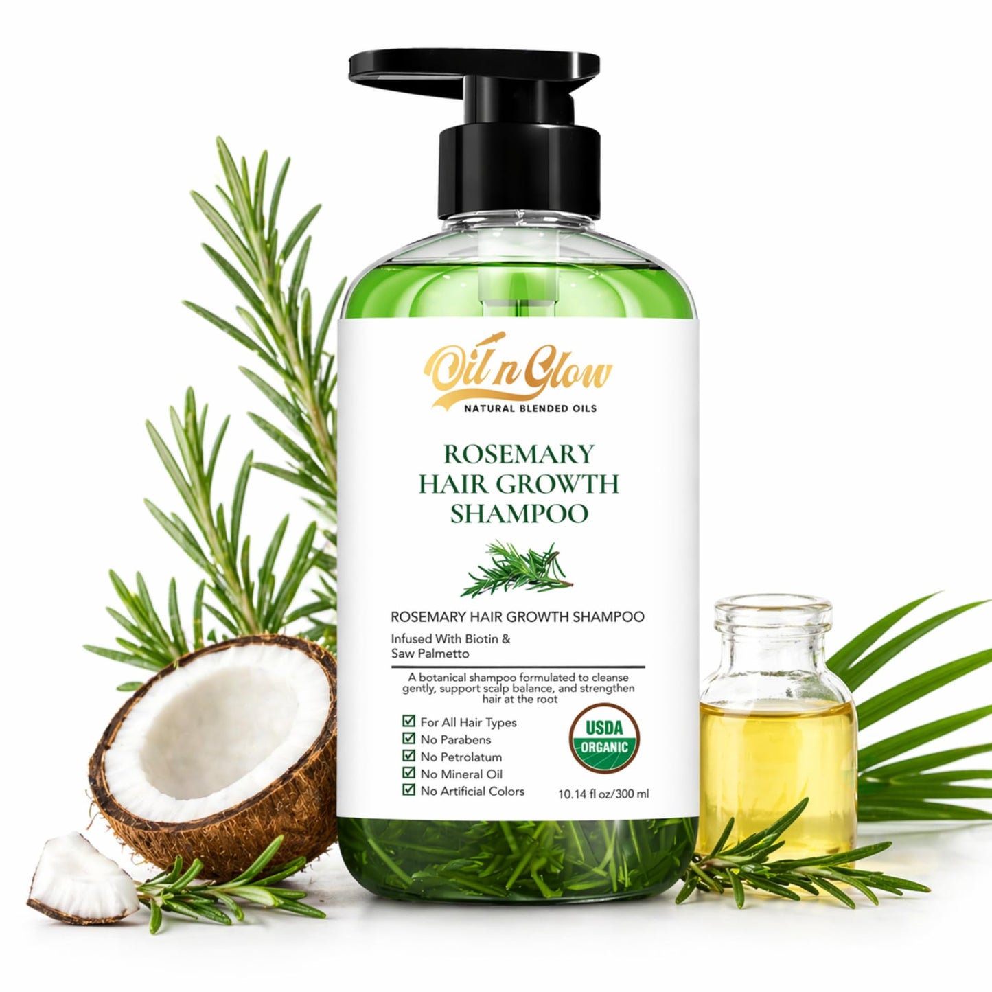 OilnGlow USDA Organic Rosemary Shampoo For Hair Growth For Thickening & Strengthening for Men & Women with Biotin, Scalp DHT Blocker Saw Palmetto For Thinning Hair Loss 10 Fl. Oz- Fragrance Free