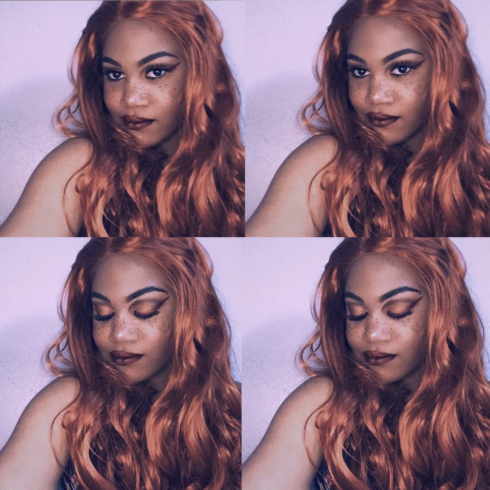 Xiweiya Long Wavy Copper Red Lace Front Wig Glueless Free Part Auburn Color Synthetic Wig for Women, Drag Queen with Heat Resistant Fiber Hair Replacement Wig Cosplay Halloween Wig 24 inch