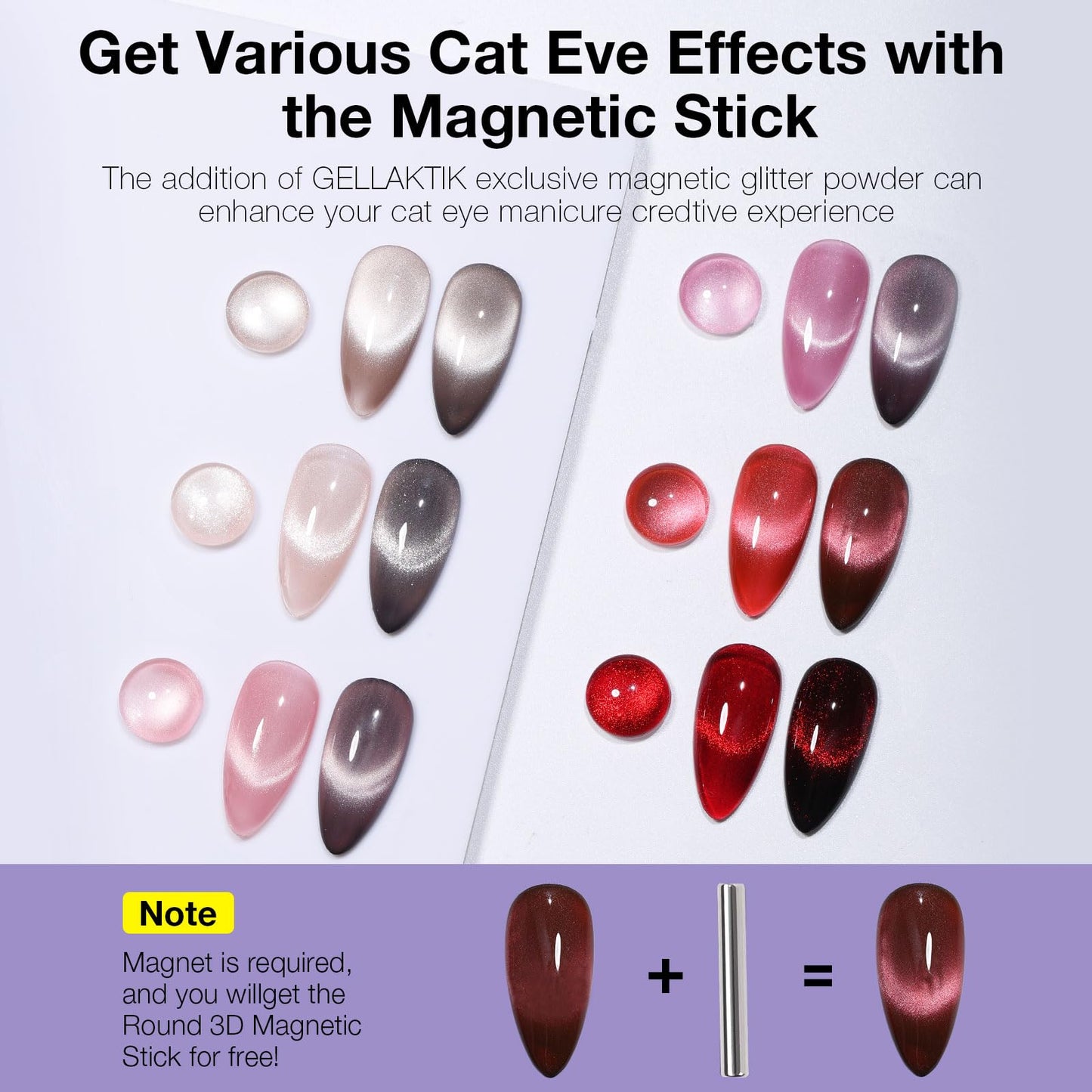 GELLAKTIK Glitter Cat Eye Gel Nail Polish Set 6 Colors 12ML w/Magnet Stick