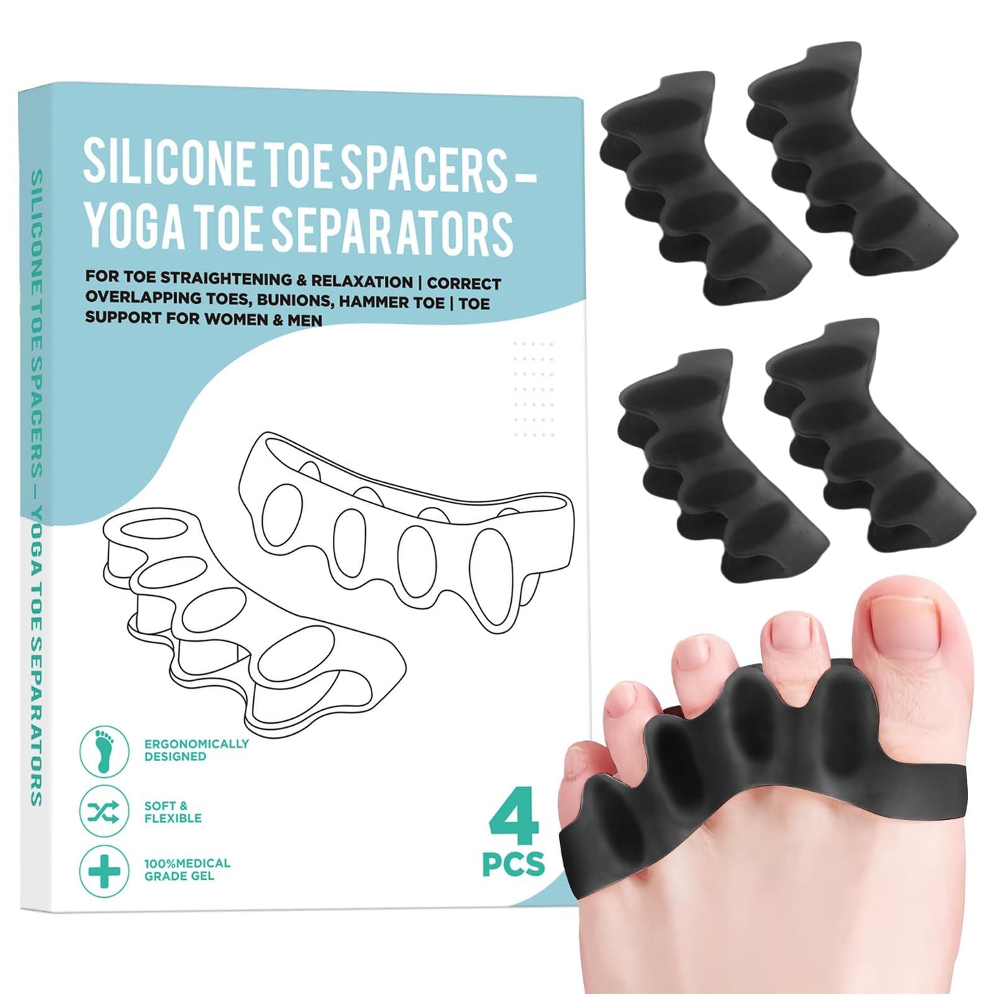 4 Pcs Silicone Toe Spacers – Yoga Toe Separators for Toe Straightening & Relaxation | Correct Overlapping Toes, Bunions, Hammer Toe | Toe Support toe separators for Women & Men (Tan, 5.5)