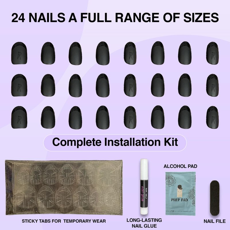 Rave Nailz Midnight French Tip Press On Nails (24 Count) | Matte Black 3D False Oval Press On Nail Short with Glossy Tip | Chip-Resistant Fake Nails with Glue, Includes File, Long-Lasting 2+ Weeks
