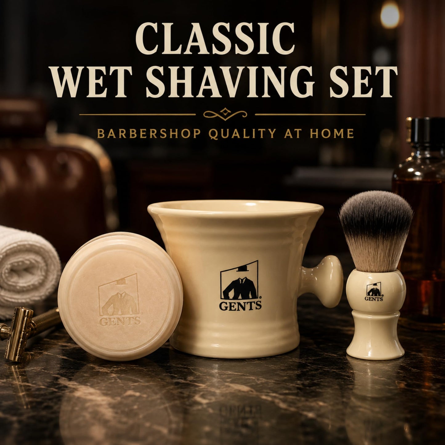 GENTS Heavy Duty Ceramic Shaving Set – Classic Grooming and Beard Shaving Kit for Men, Ceramic Shave Mug, 3 oz Natural Shaving Soap and Shaving Brush
